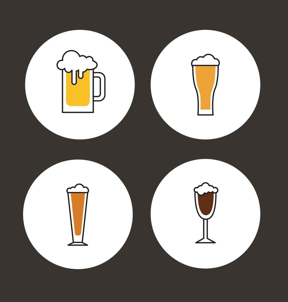 Beer icons set. Line icons of alcohol drinks for bar or pub. Different types of beer in glasses vector