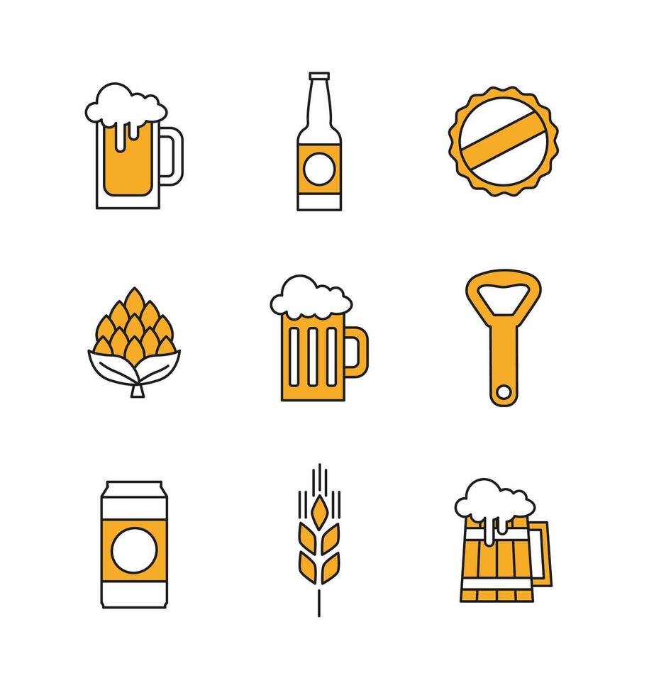 Line flat Beer icons with yellow color. Contains such Icons as wooden mug, bottle, hop, opener and more vector