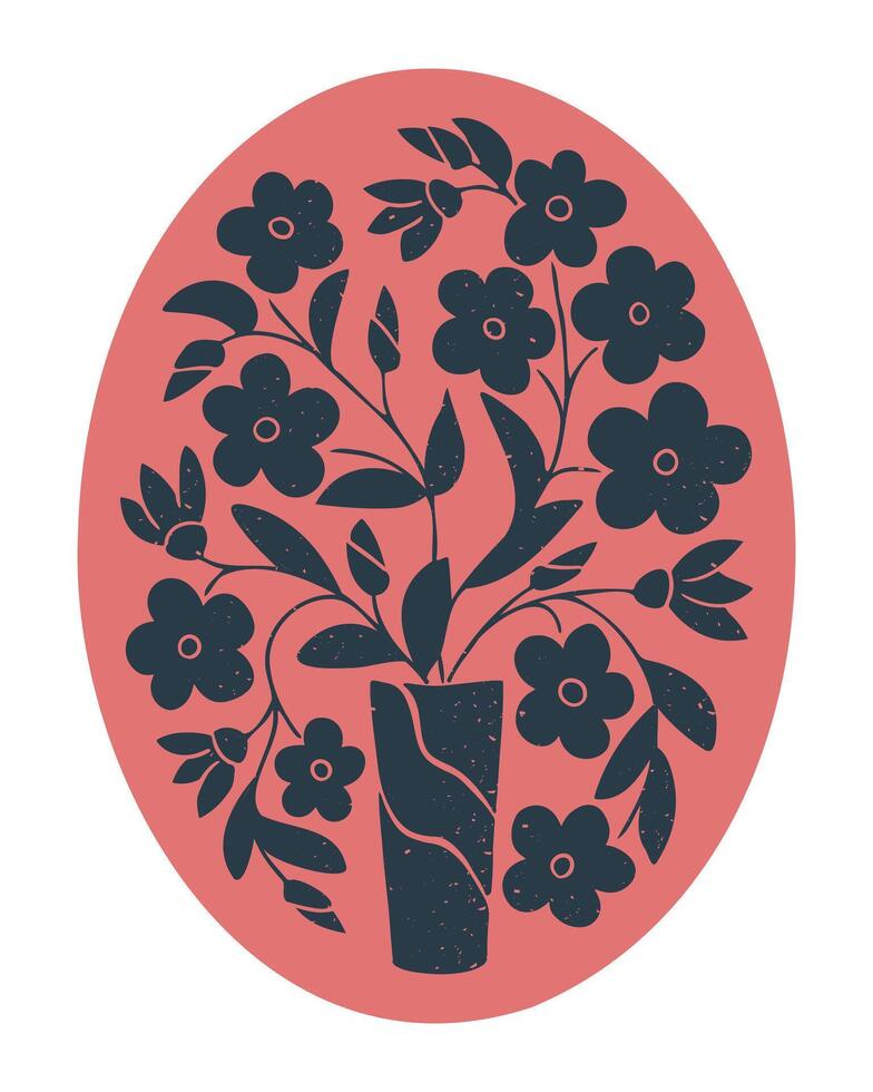Floral abstract composition in oval shape. Flat duotone hand drawn illustration with bouquet in vase in printmaking technique with grunge texture and scratches. Good for posters vector