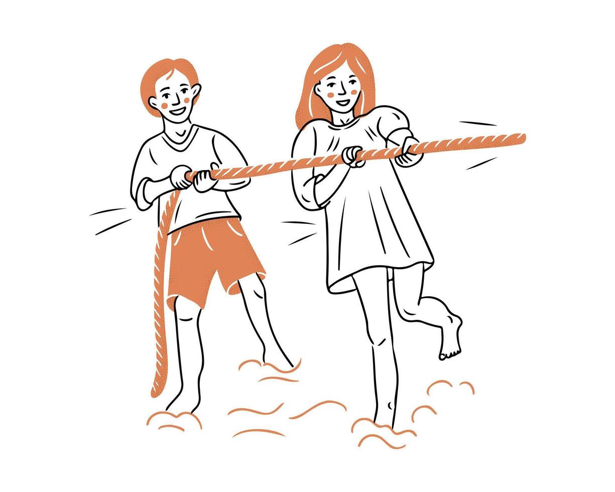 Doodle drawing of children that pulling rope in sand. Contrast sketchy illustration isolated on white background. outline drawing of happy childhood for logo, sticker vector