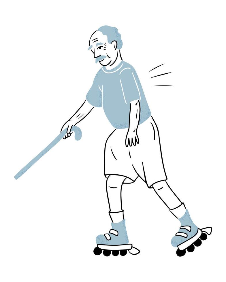 Senior man roller skating with stick with happiness. Contrast doodle illustration isolated on white background. outline drawing of active aging for logo, sticker vector