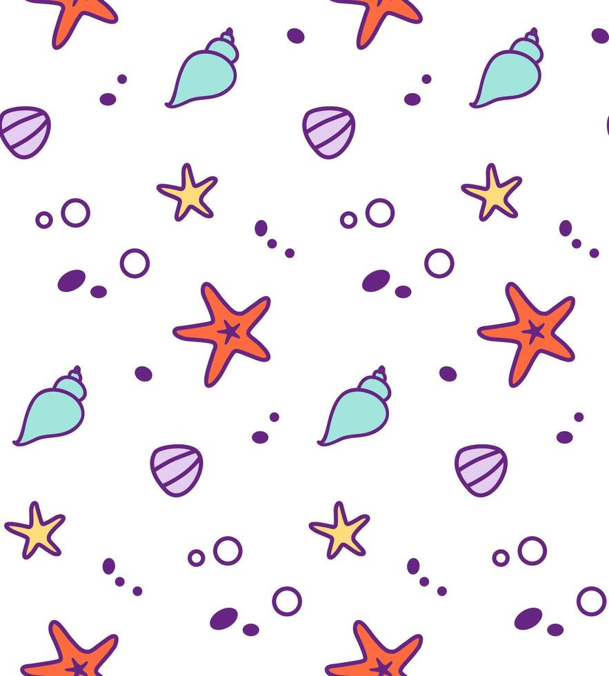 Sea and ocean pattern with starfish and seashells on white background. Cartoon cute illustration for fabric or textile design vector