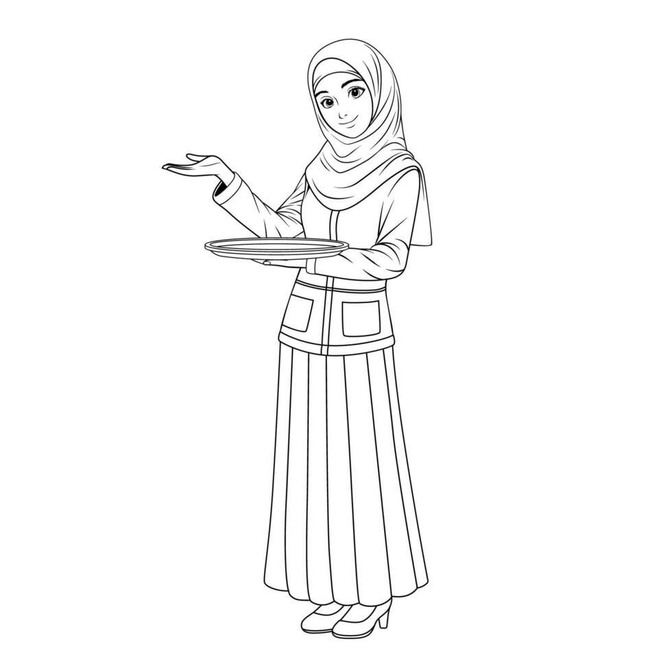 Illustration of a female Muslim restaurant waiter character, line art to be colored vector