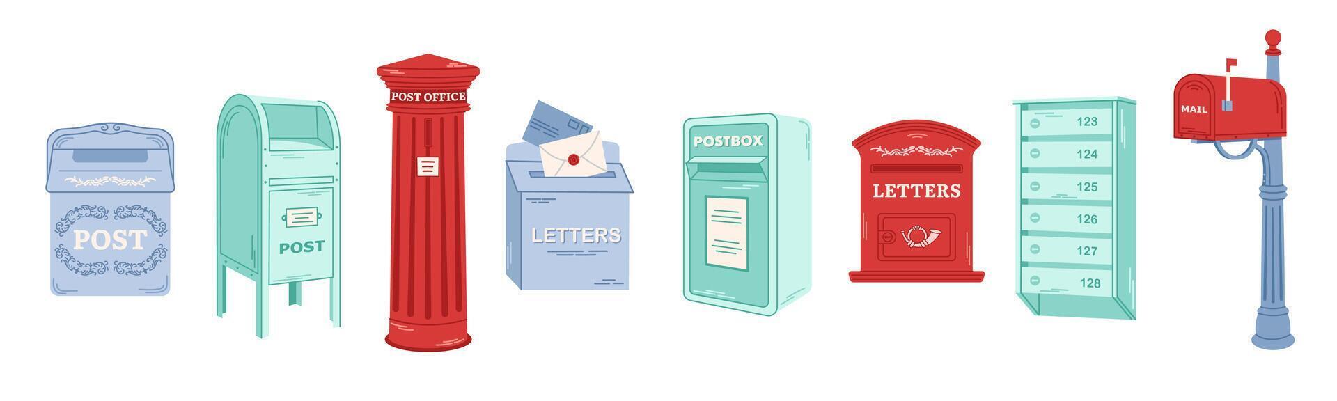 Set of postal letterboxes, postboxes, mailbox for delivery envelopes, parcels. Hand drawn illustration isolated on white background. vector