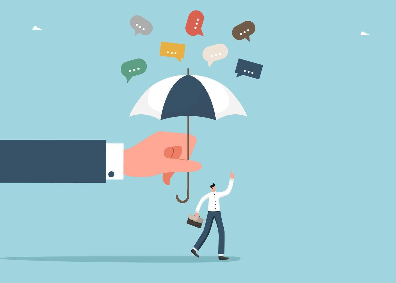 Hand protects man from speech bubbles vector