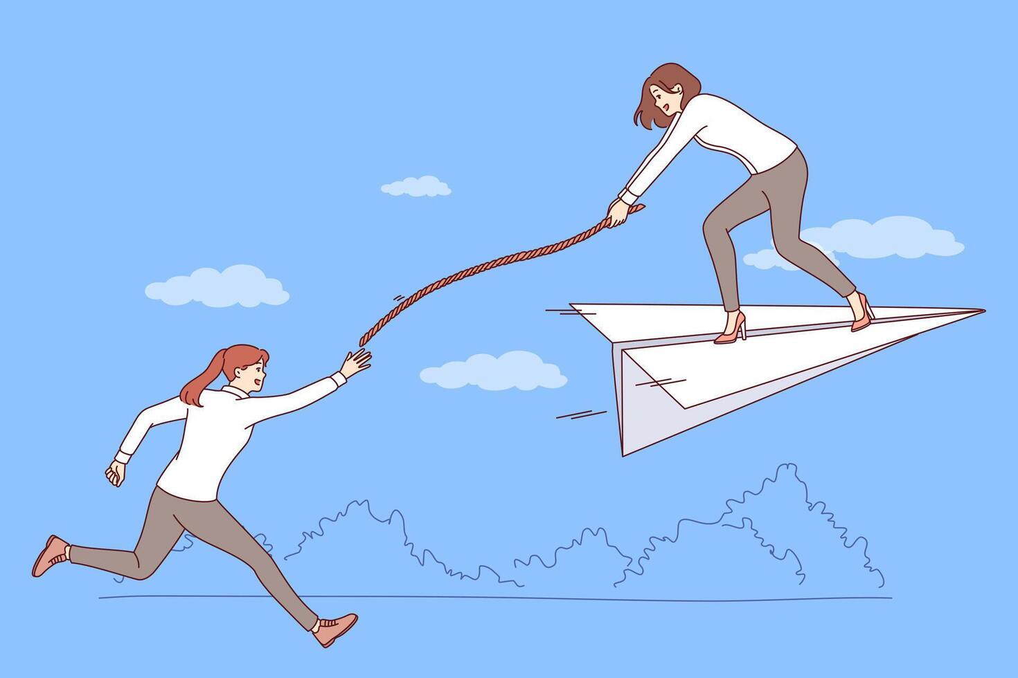 Support partner from business woman flying on paper plane, extending rope to catching up colleague vector
