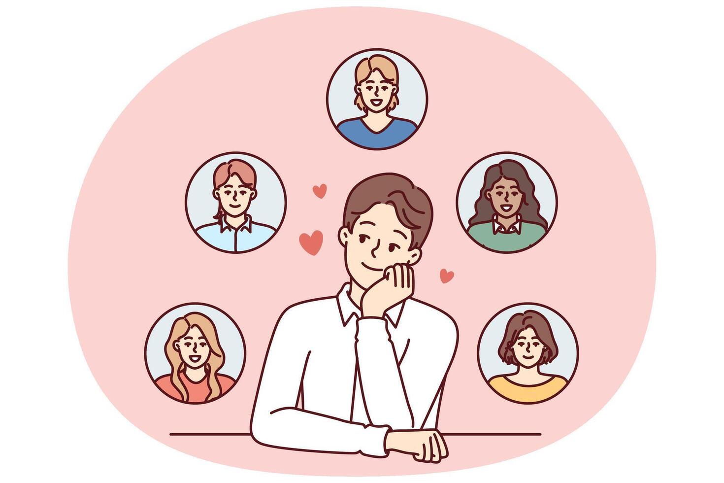 Young monogamous man thinks about girls while choosing which fan to invite on romantic date vector