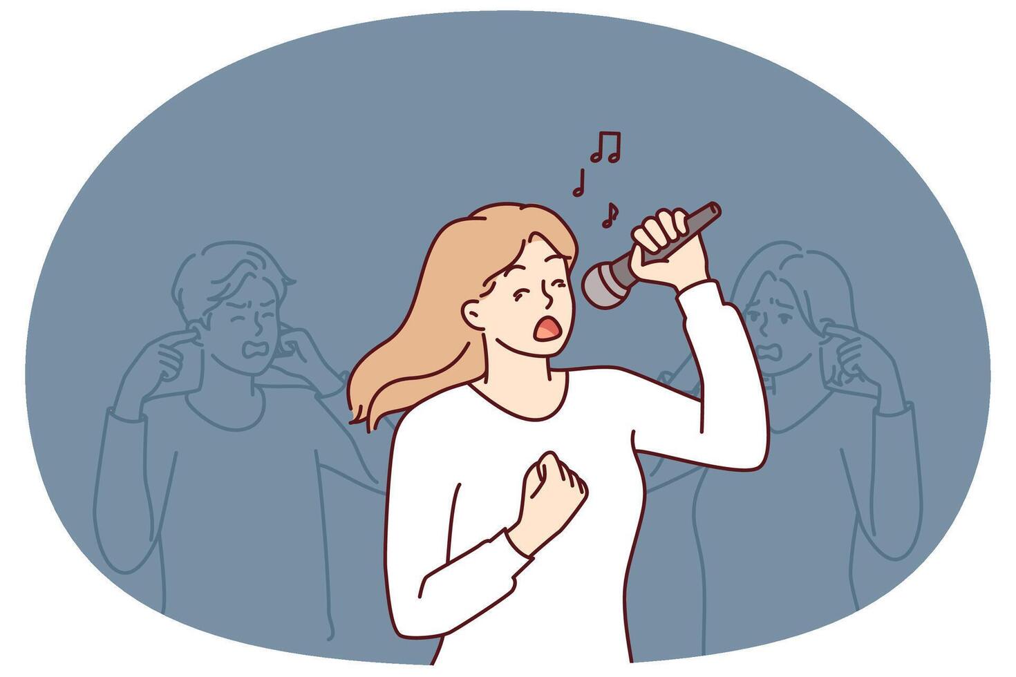 Woman sings in karaoke standing near friends covering ears due to unbearable voice or high volume vector