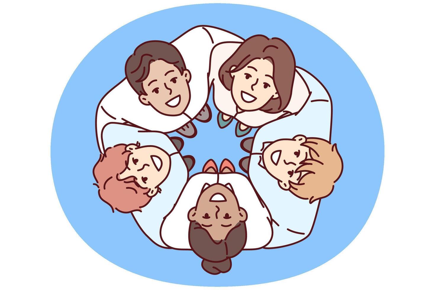Team diverse businesspeople stand in circle and hugging colleagues look up during team building vector