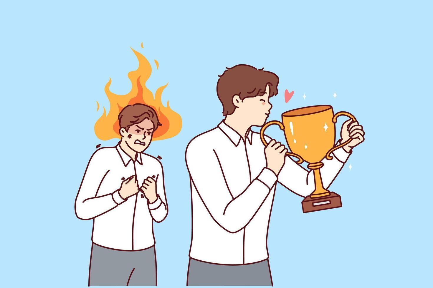 Envy overcomes business man looking at colleague kissing trophy cup for professional skills vector