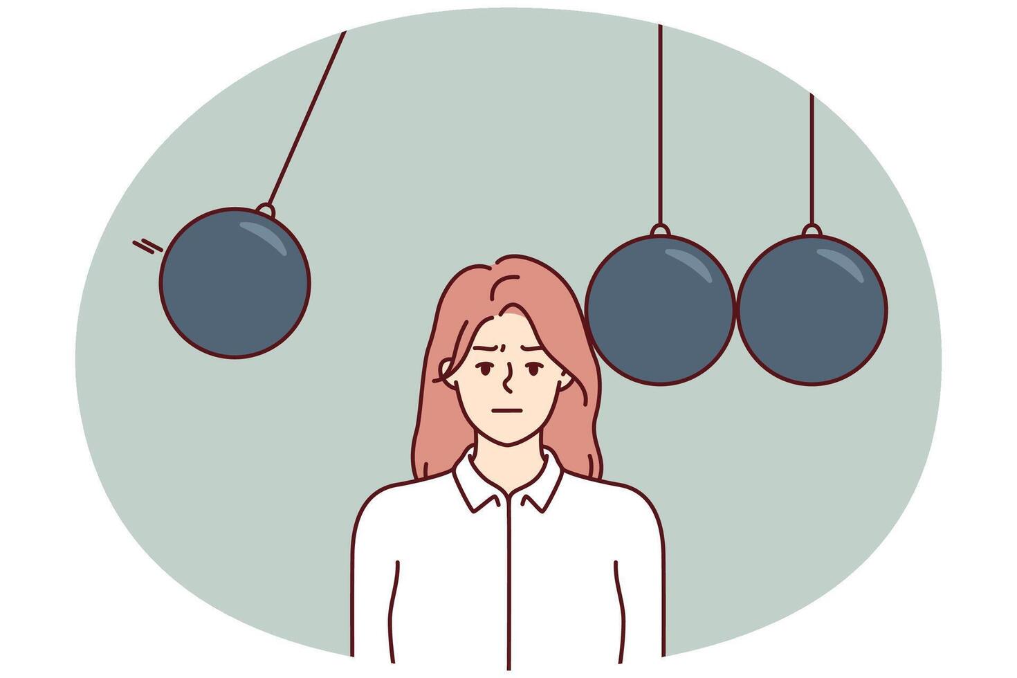 Woman employee corporation in danger standing among giant balls capable of causing harm vector