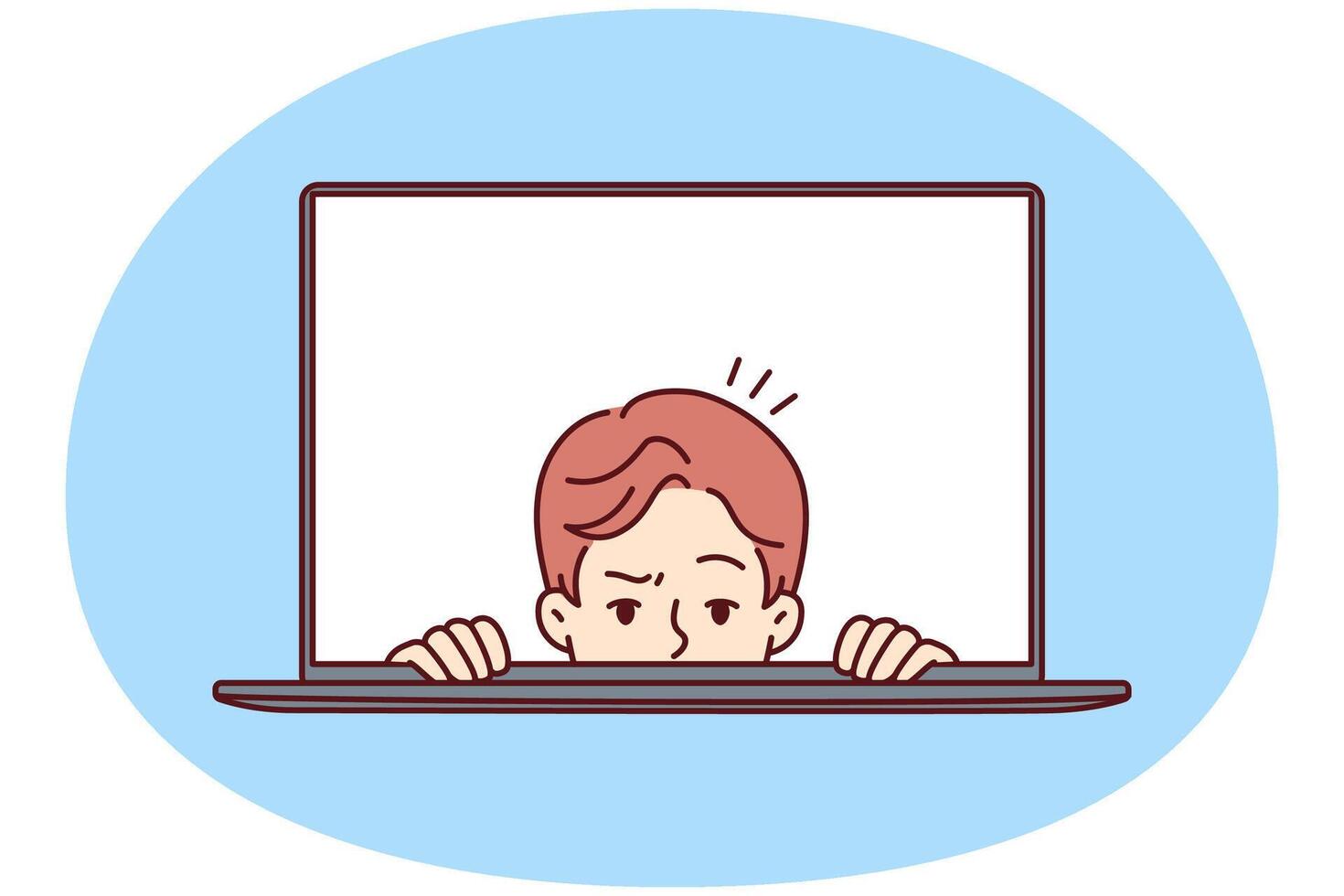 Man with frightened face looks out of laptop screen for concept of non-professional work on Internet vector