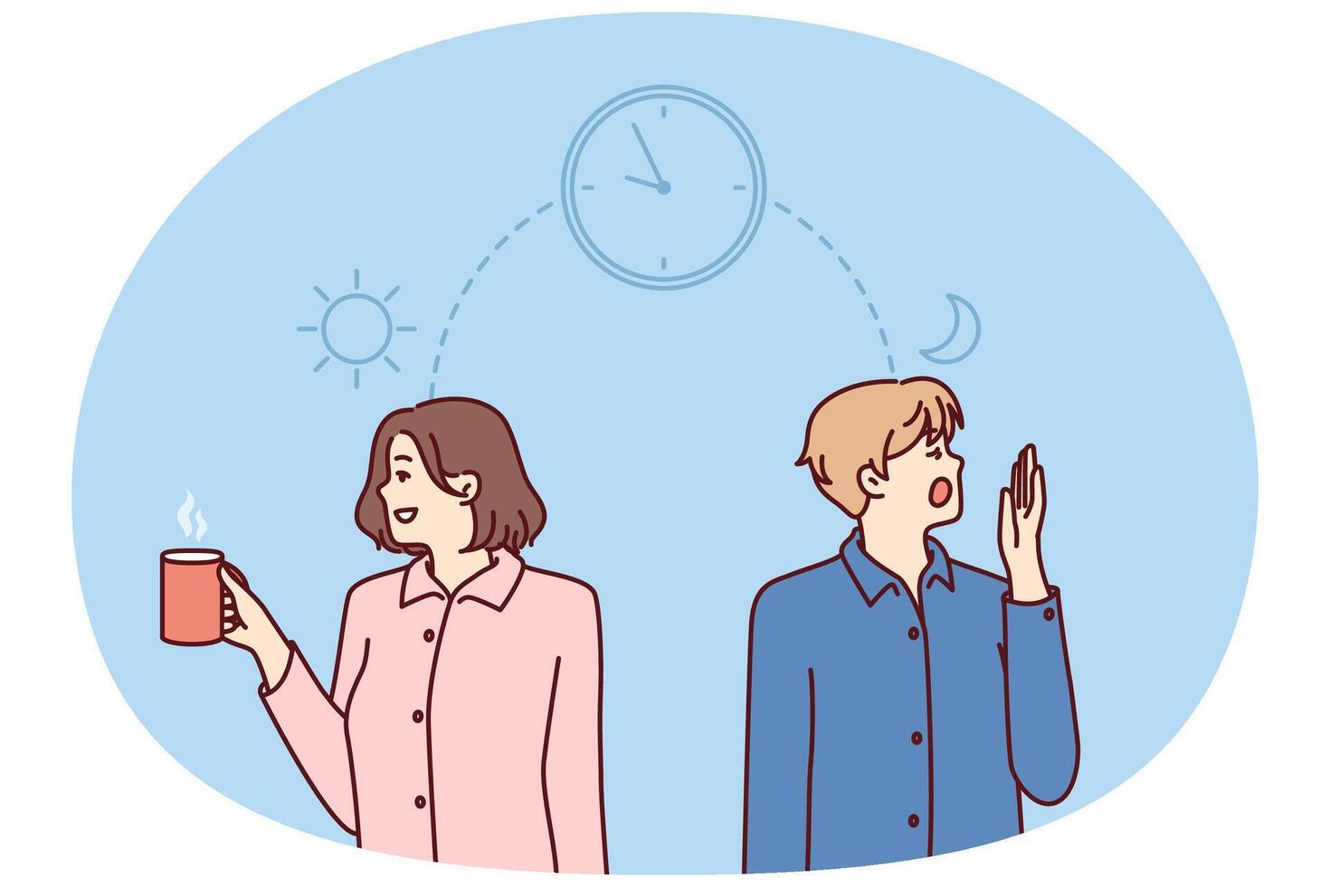 Man and woman experience problems and feel excessive fatigue in early morning or insomnia in evening vector