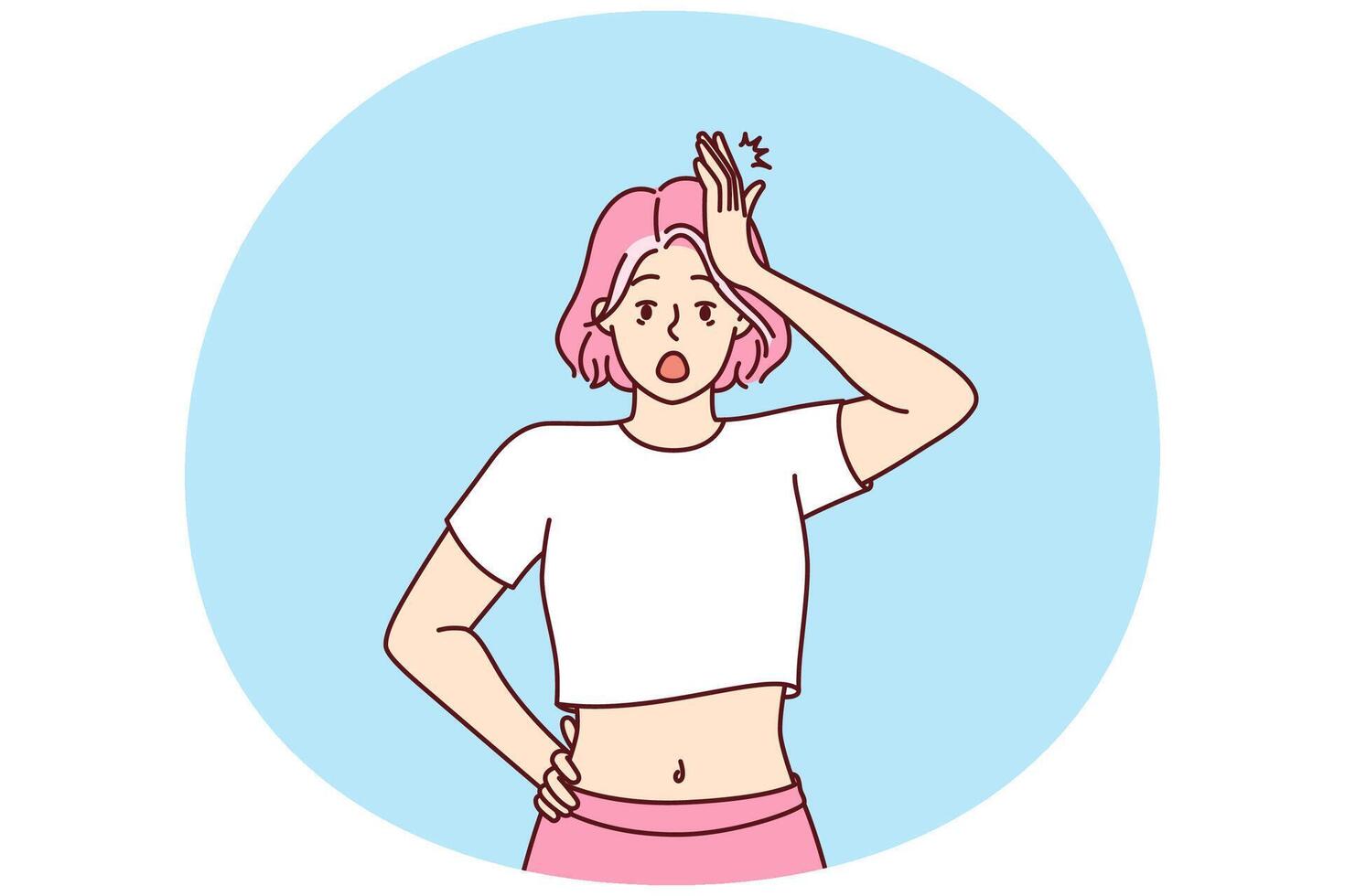 Forgetful shocked girl clutching head, opens mouth wide remembering about things not done vector