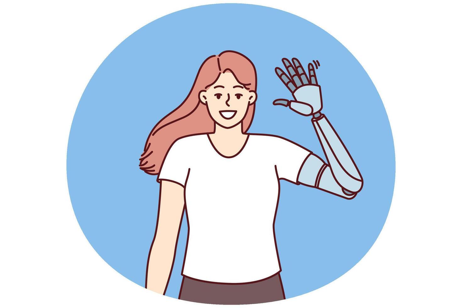 Happy girl waves prosthesis hand to demonstrate new mechanical robotic hand vector