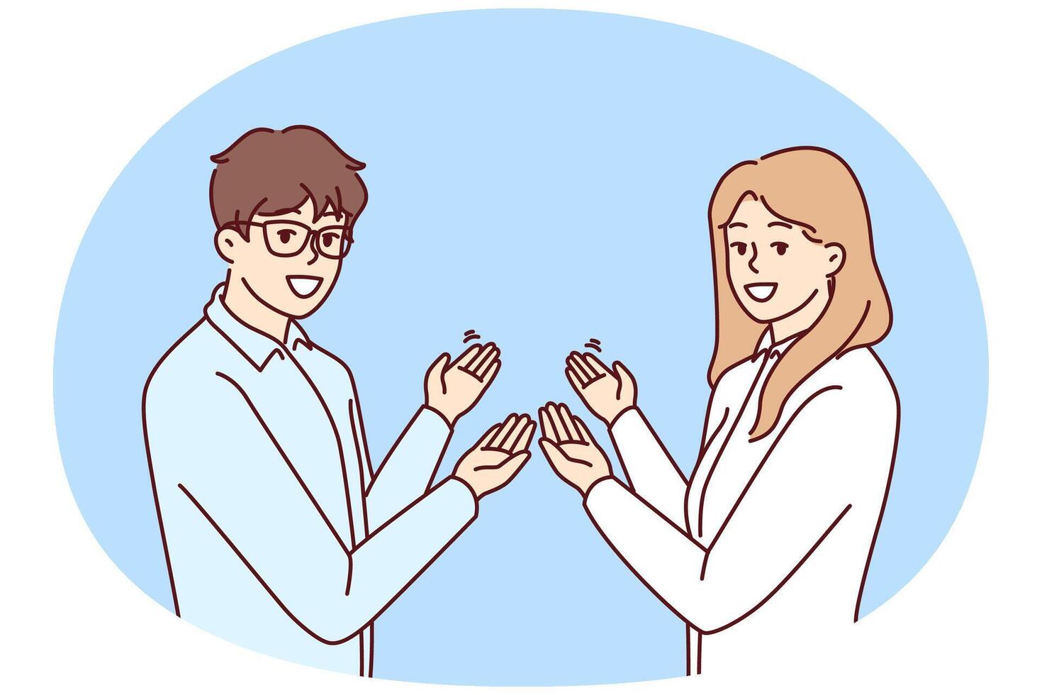 Couple man and woman in business clothes make inviting gesture with hands urging you to visit sale vector