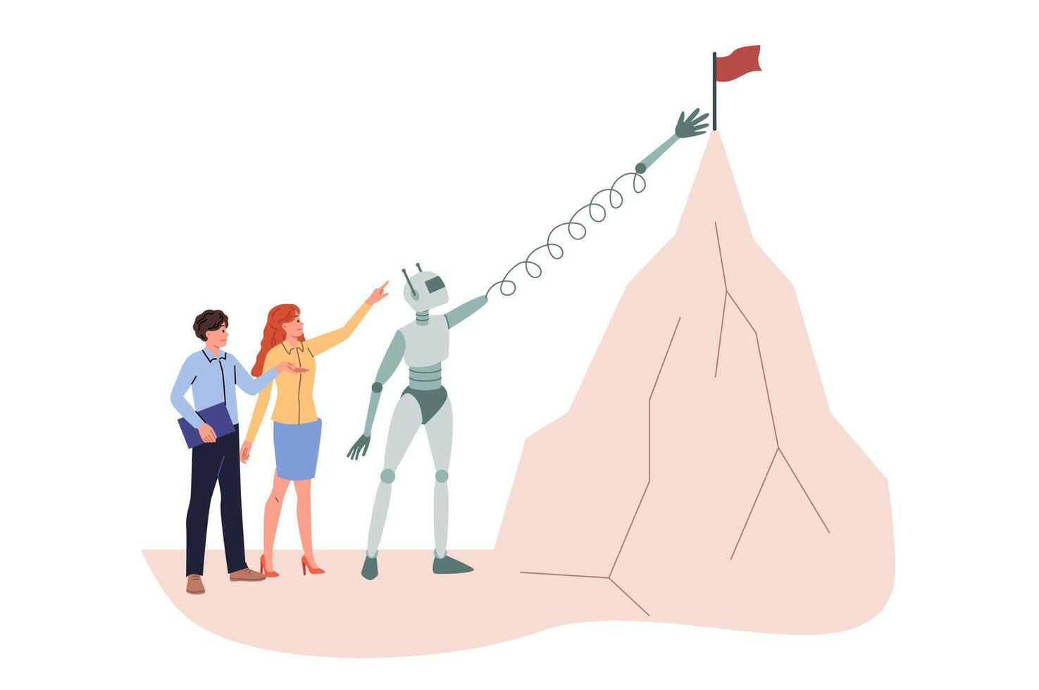 Robot helps business people achieve success and fulfill goals, pulls out flag from high mountain vector