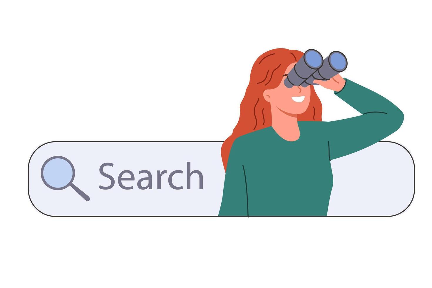 Woman uses internet search for educational research, stands with binoculars in hands near search bar vector