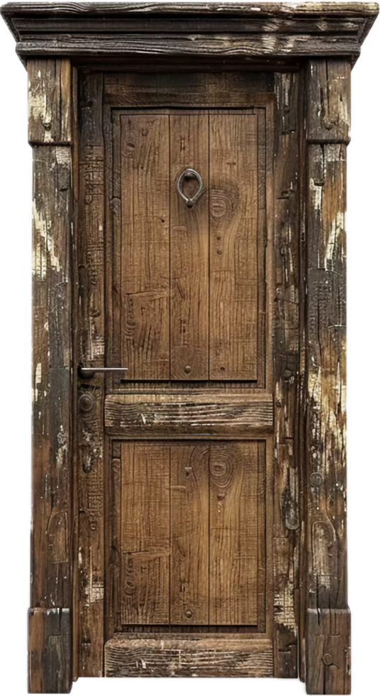 Rustic Wooden Door with Metal Ring Handle. png