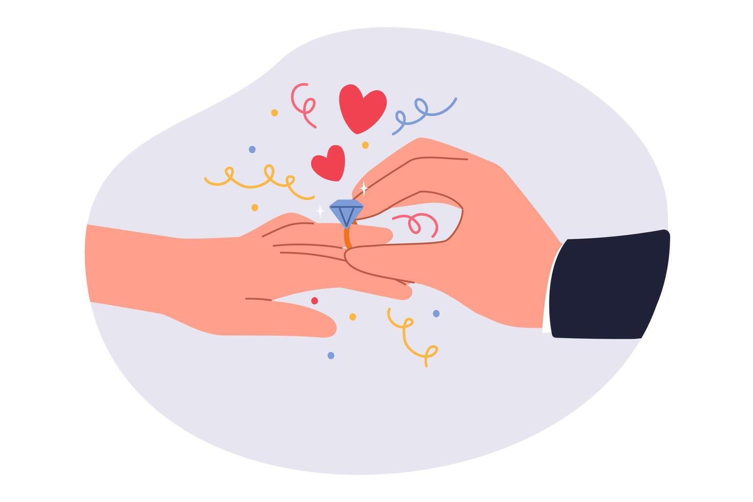 Groom puts wedding ring on bride hand during marriage ceremony in christian temple. vector