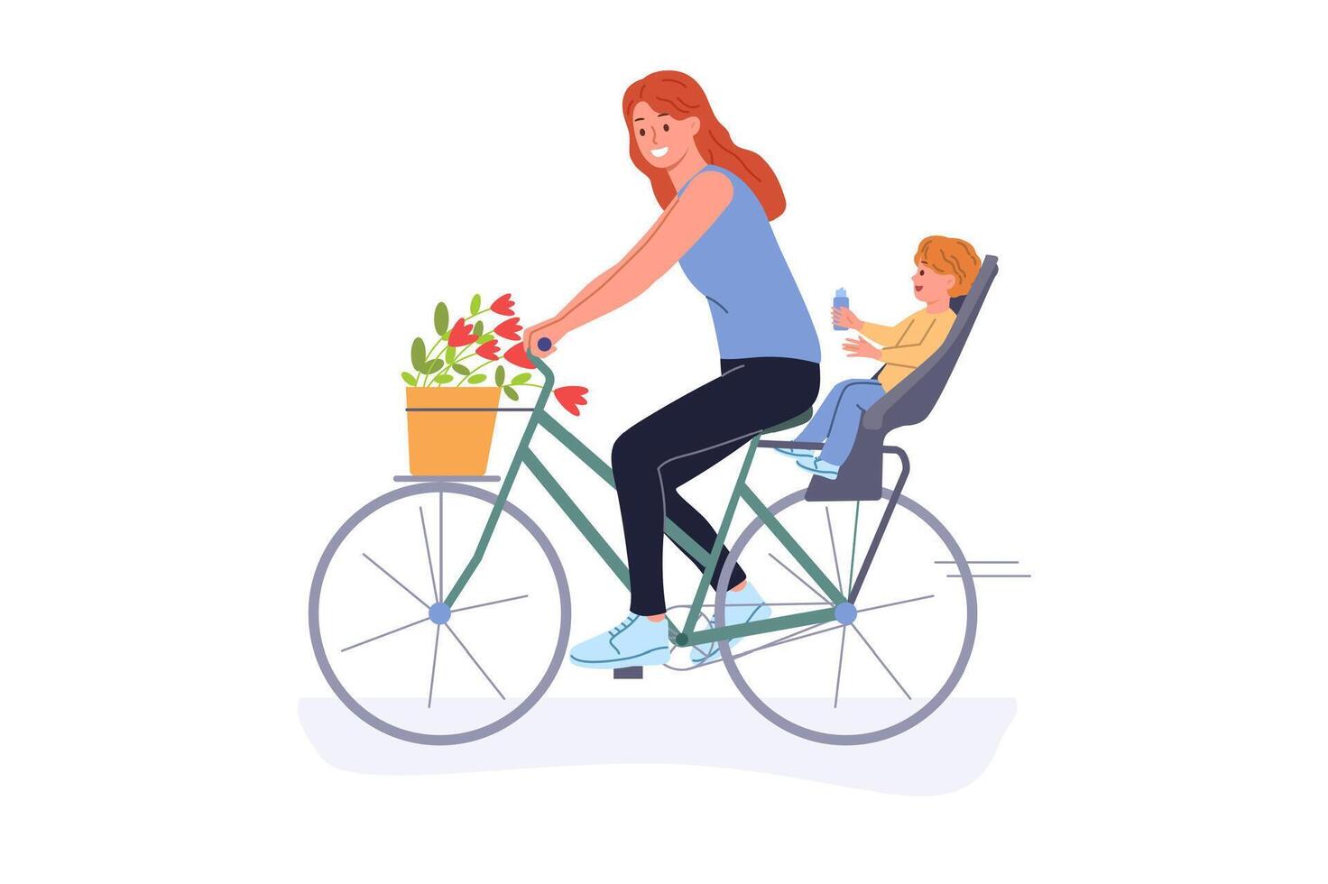 Mother rides bicycle with little son and enjoys opportunity for summer recreation in fresh air vector