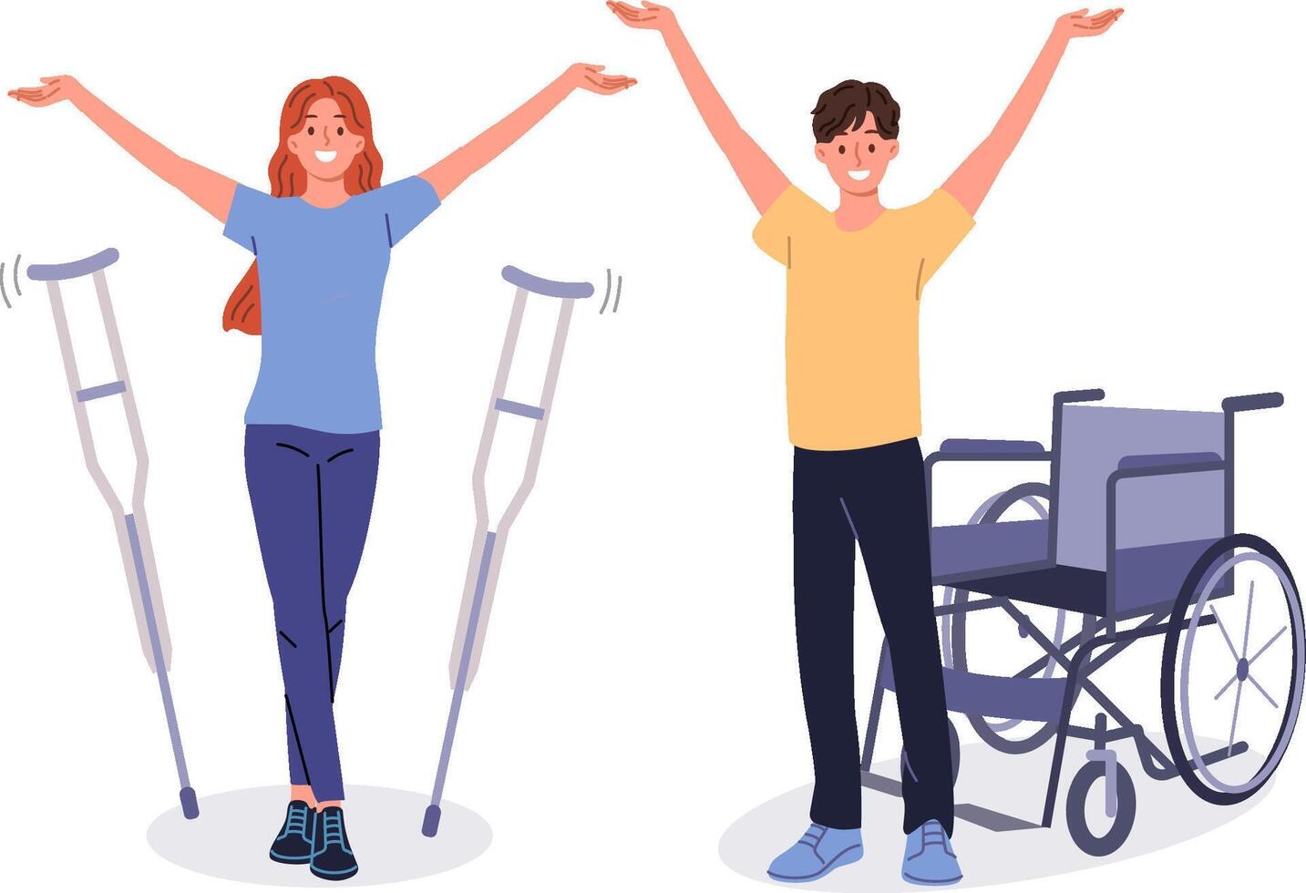 People with disabilities celebrate end of rehabilitation, stand near crutches and wheelchair vector