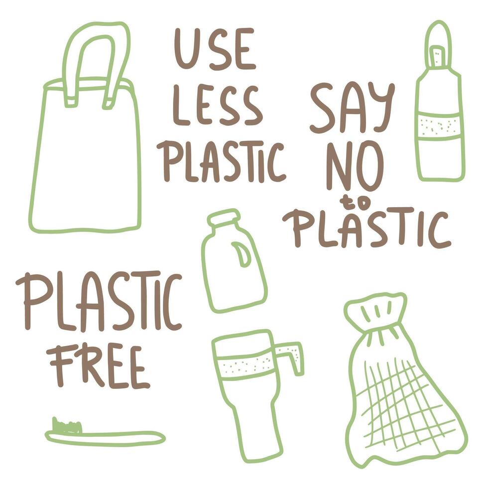 Plastic free concept with text and symbols. vector