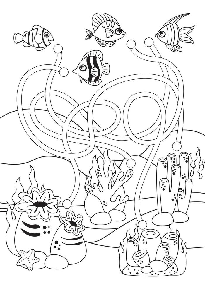 Mini-games for children. preschoolers. maze, help the fish get to the house. Picture with cartoon fish. Games 3-4 years. Mini-games for children. Development of logic. black and white image vector
