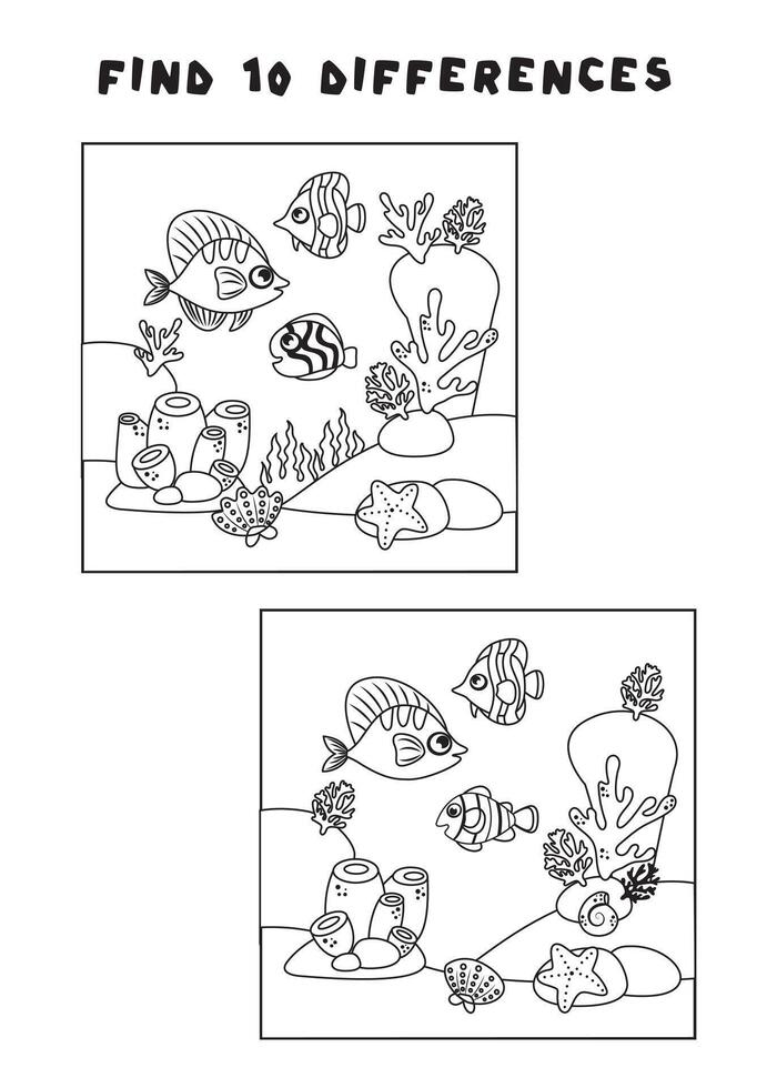 Mini games for children. preschoolers. Find 5 differences. Picture with fish and anemones.Logical tasks for preschoolers. Games 3-4 years. black and white image vector