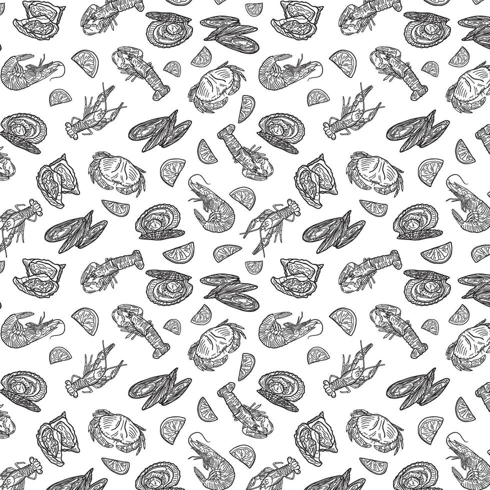 Seamless endless seafood pattern. Illustration in hand drawn style. Can be used to create packaging, covers, backgrounds, cards, textiles, clothing, souvenirs and much more. vector