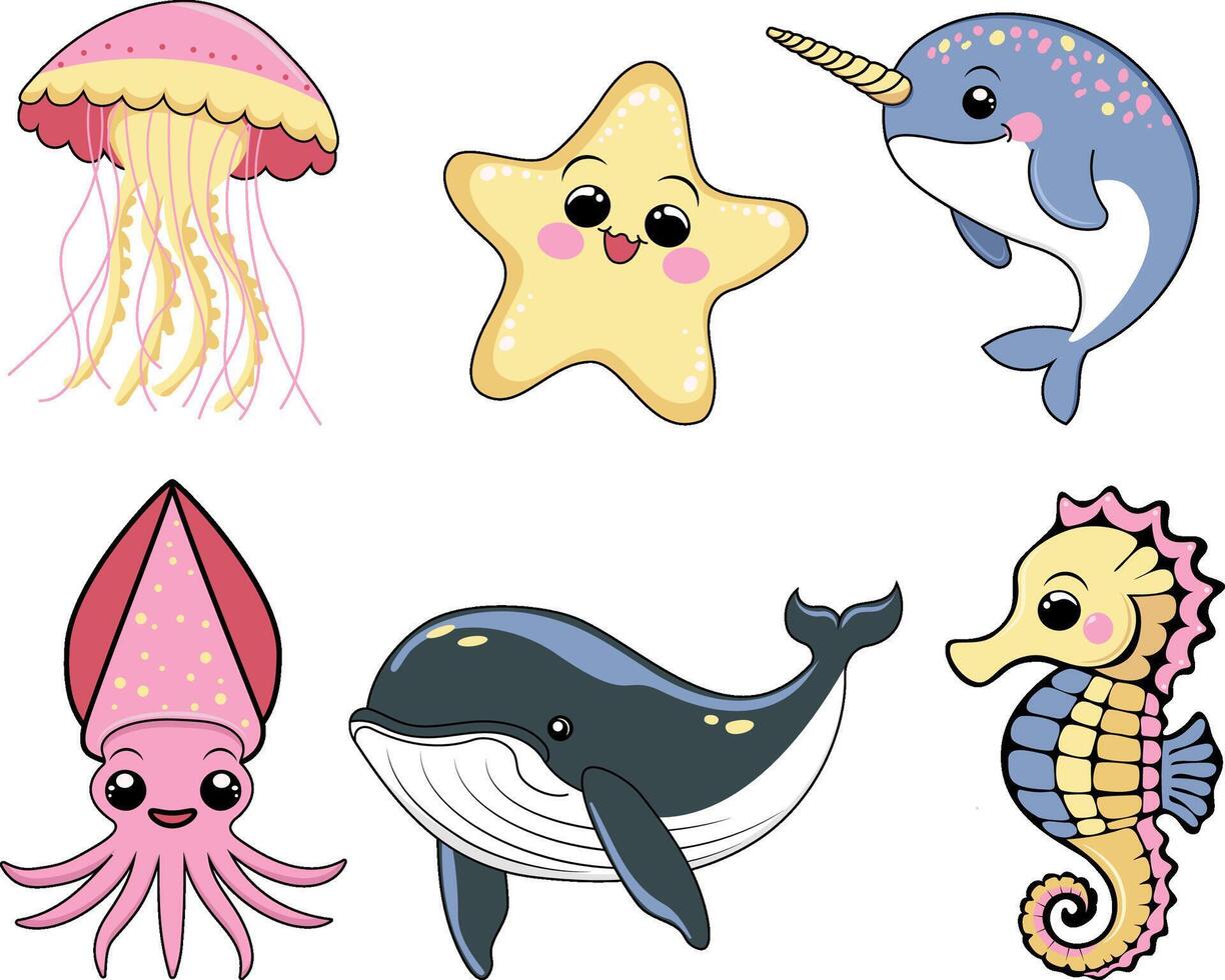 A delightful illustration of marine life with a whimsical touch, featuring an orca, squid, jellyfish, and more, ideal for stock sales and educational materials. vector