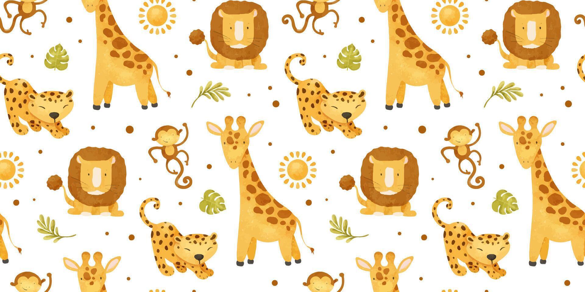 Cute baby African jungle animals Lion, leopard, cheetah, monkey, giraffe and leaves, sun. Watercolor seamless pattern. Childish background. Safari Print for design kid's goods, cards, fabric, vector