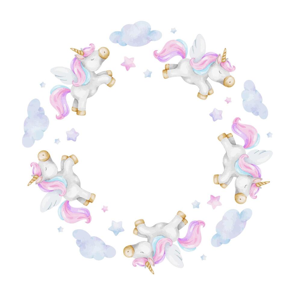 Cute baby fairytale unicorn, clouds, stars. Isolated watercolor frame. Cute layout for kid's goods, invitations, postcards, poster, baby shower and children's room vector