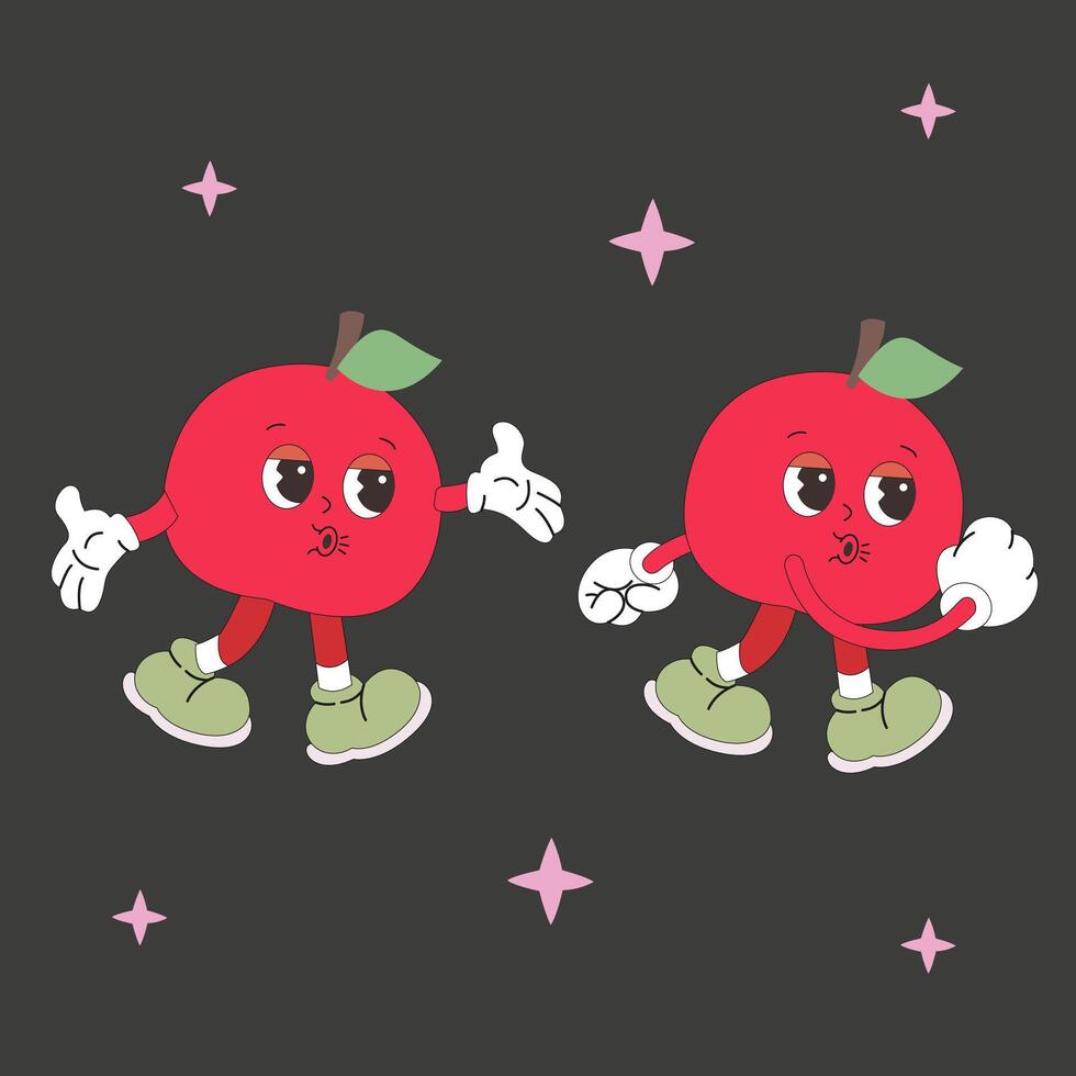 Retro Cartoon Character Fruit. flat red apple in Trendy Groovy Style. Groovy fruit character vector