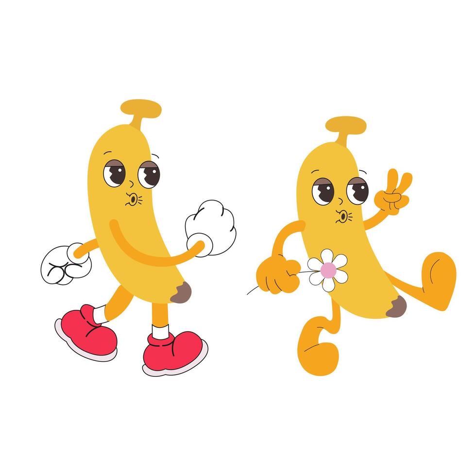 Yellow Funny Yummy Banana logo. Retro Cartoon Character Banana Set. flat banana in Trendy Groovy Style. Groovy fruit characters vector