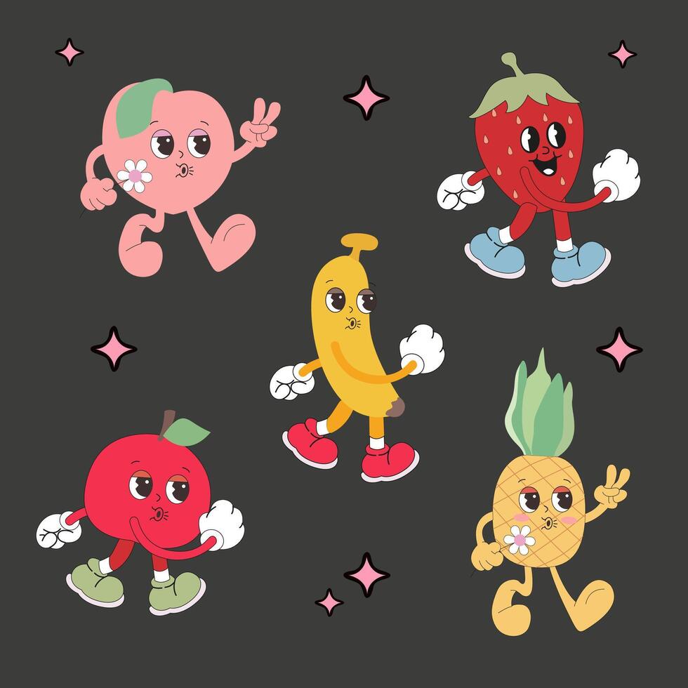 Retro Cartoon Character Fruit Set. flat apple, banana, strawberry, peach and pineapple in Trendy Groovy Style. Groovy fruit characters on a gray background vector