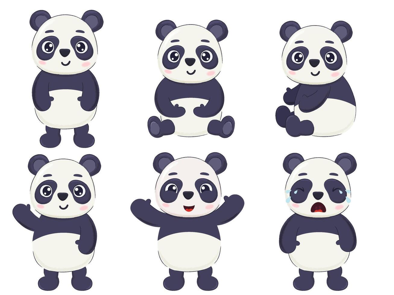 Cute cartoon panda bear character set. Print, postcard, poster element isolated on white. vector