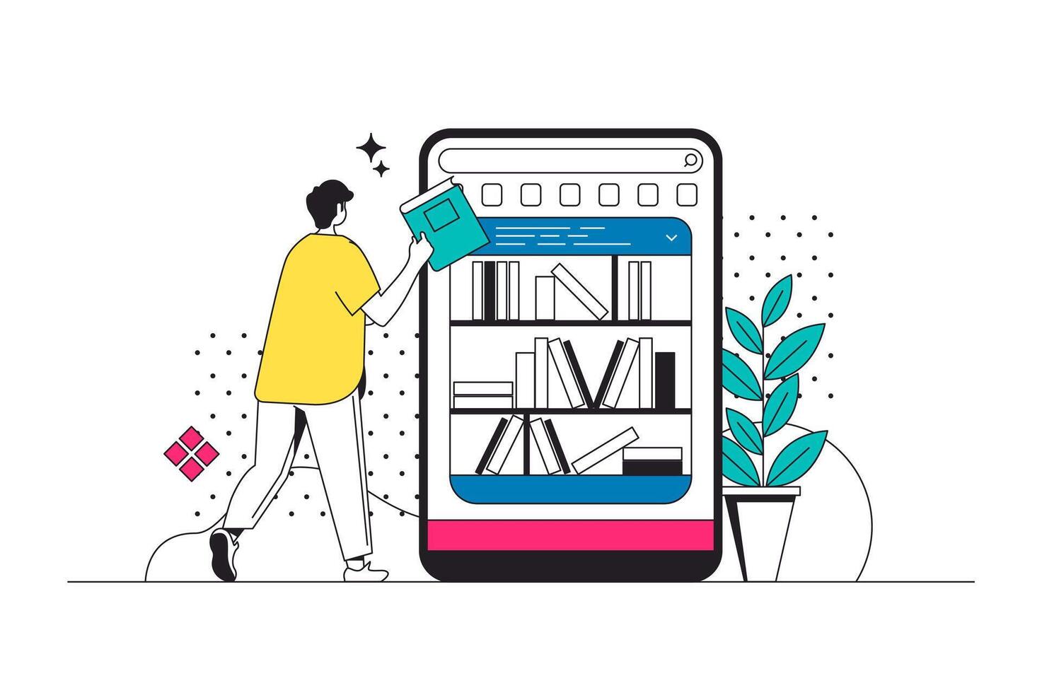 Online library outline web concept in modern flat line design. Man reading books at mobile app, buying digital books at internet bookshop, storing file archive at smartphone. illustration vector
