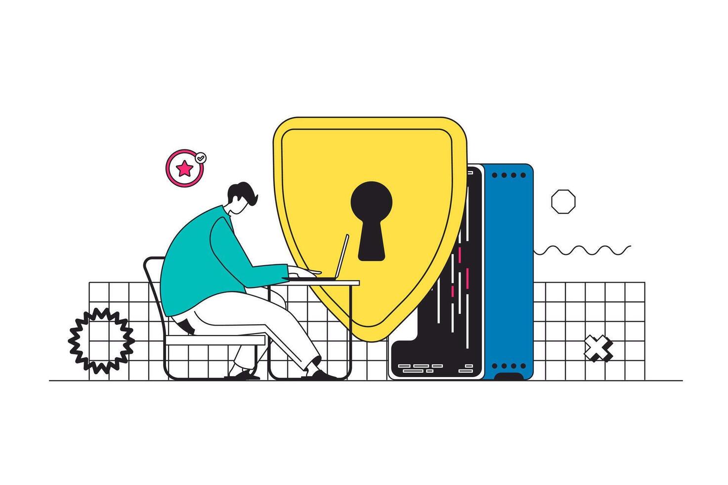 Network security outline web concept in modern flat line design. Man protecting personal data in internet with password shield protection access and firewall security system. illustration vector