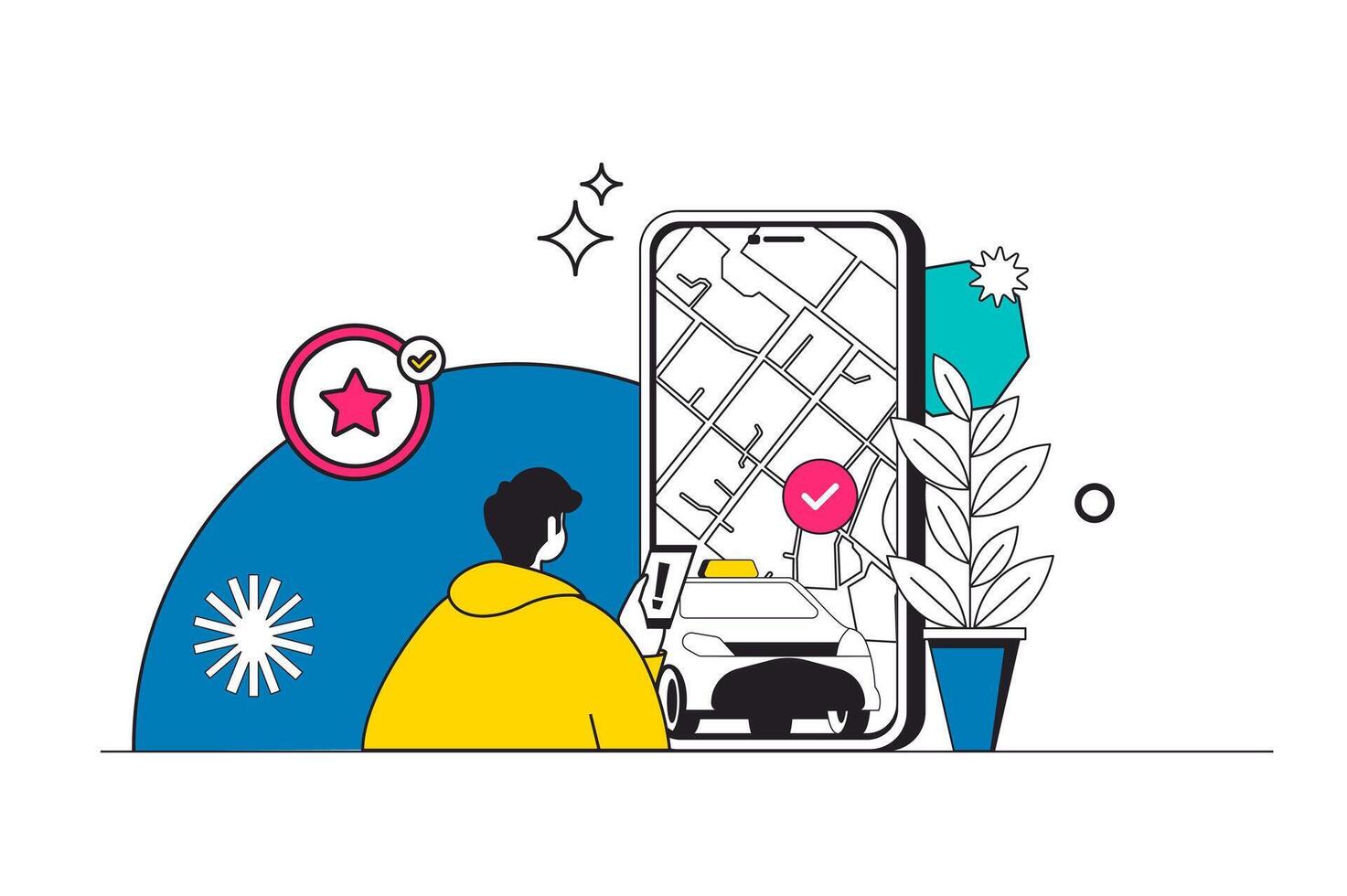 Taxi booking outline web concept in modern flat line design. Man using mobile app for ordering car transportation with online map route. Automobile transfer service in application. illustration vector