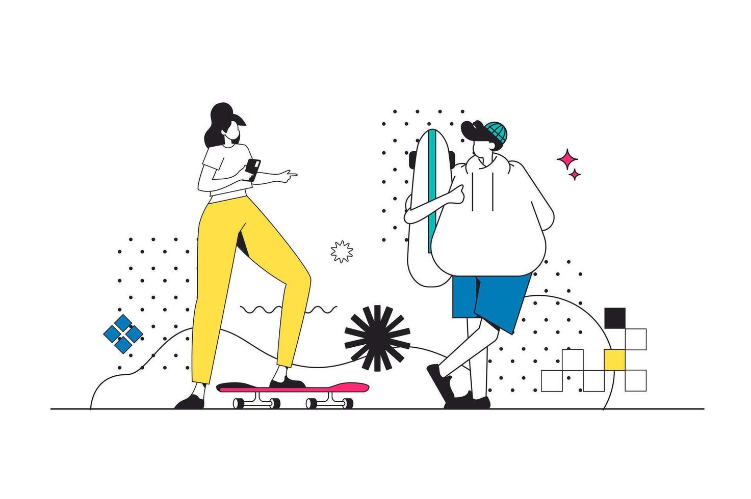 Focus group outline web concept in modern flat line design. Woman making marketing research and interviewing man from target audience and analyzing customer feedback at survey. illustration vector