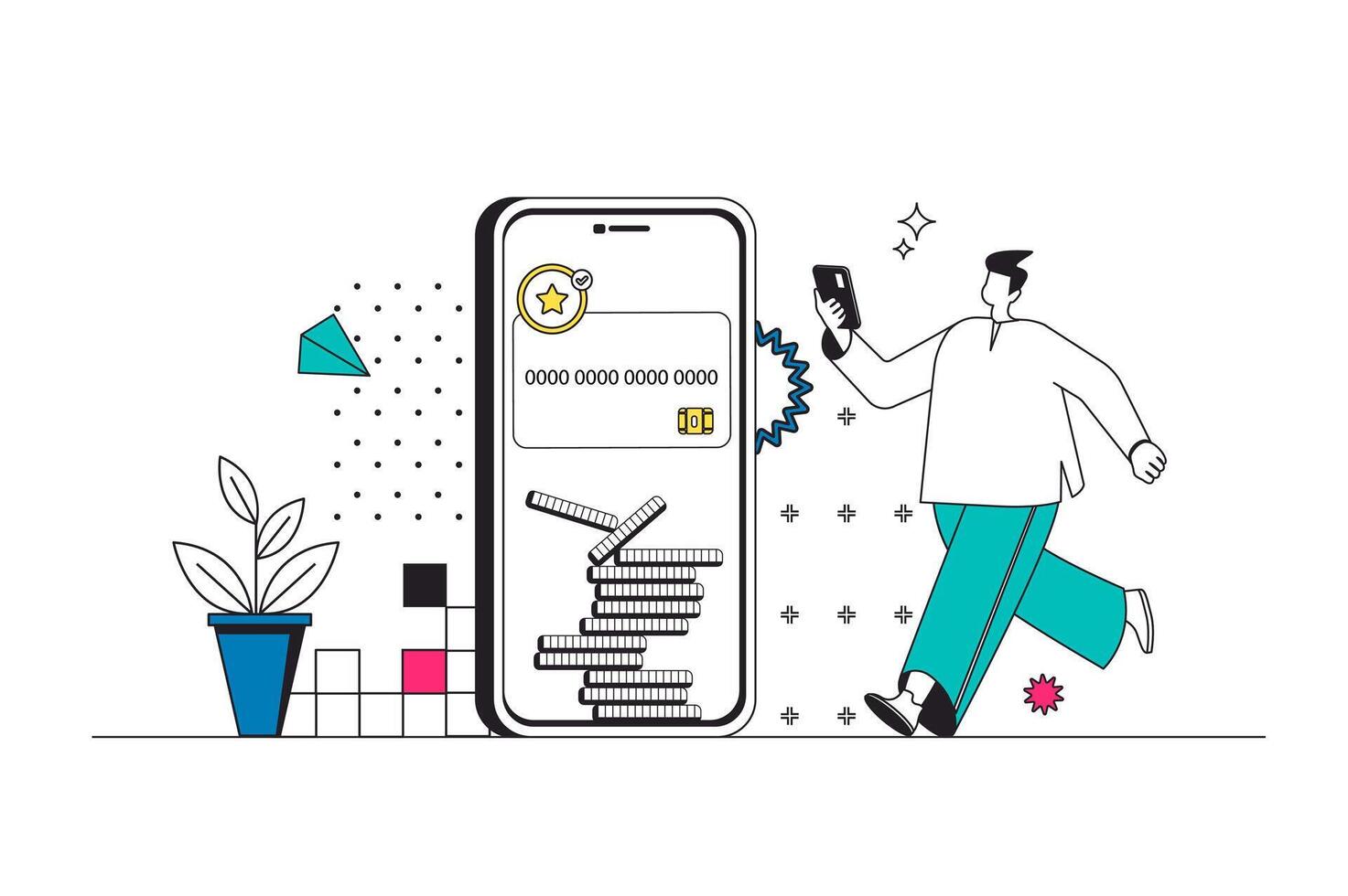 Mobile banking outline web concept in modern flat line design. Man controlling financial account with credit card in app, managing digital wallet, making online money transfer. illustration vector