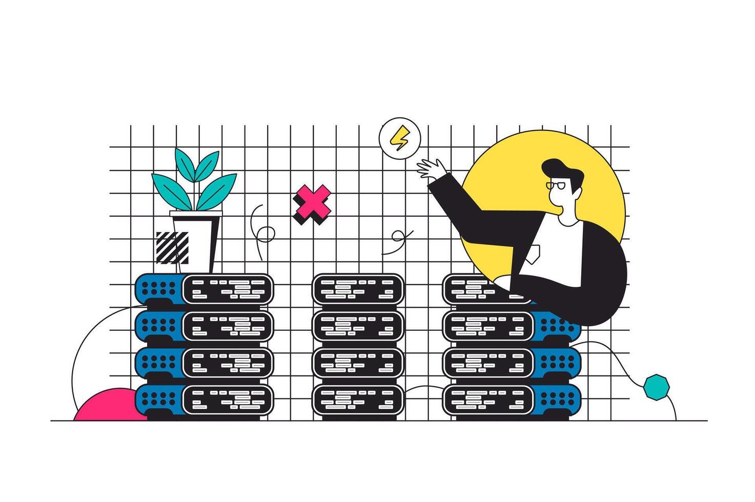 Hosting provider outline web concept in modern flat line design. Man using cloud computing platform, website hosting service and online data center from hardware and software. illustration vector