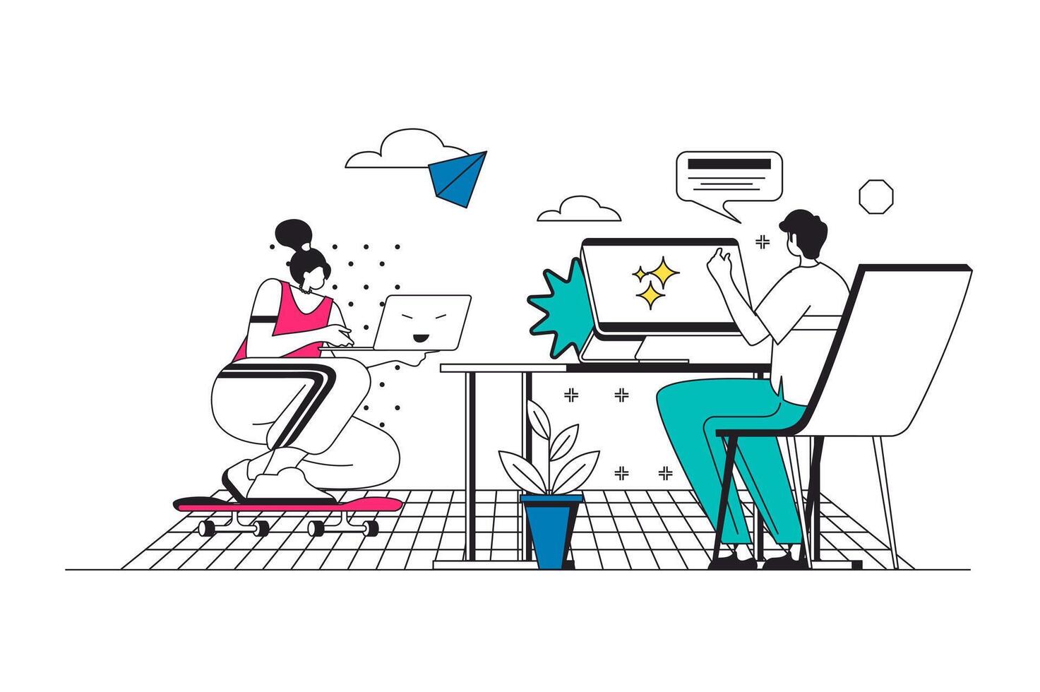 Freelance work outline web concept in modern flat line design. Woman doing task at laptop from remotely workplace. Man connecting with colleagues via computer app from home office. illustration vector