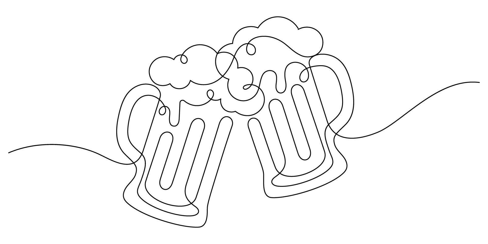 continuous line drawing of beer mug frothing clinking in happiness hour party time vector