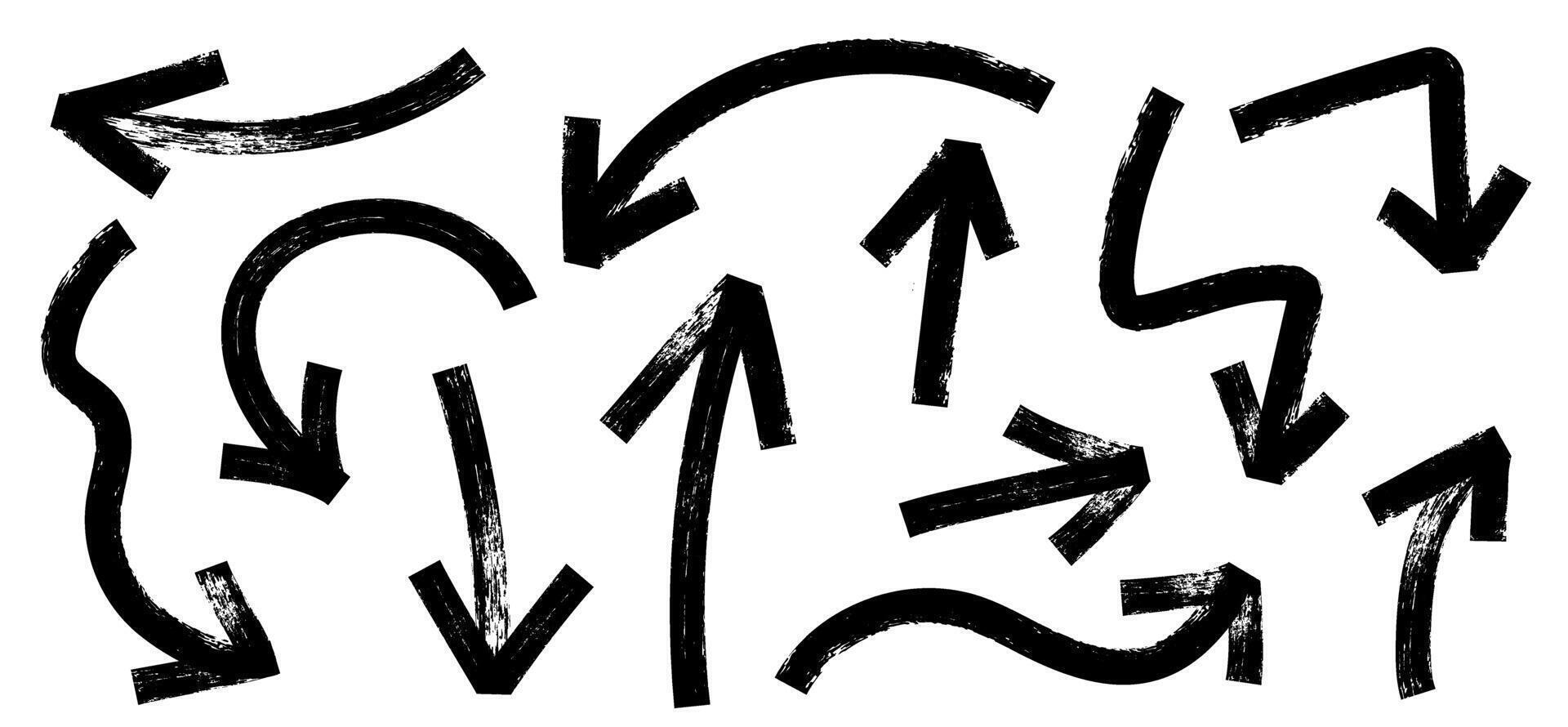 Brush, marker drawn bold arrows set. Collection of hand drawn doodle thick arrows in different directions. vector