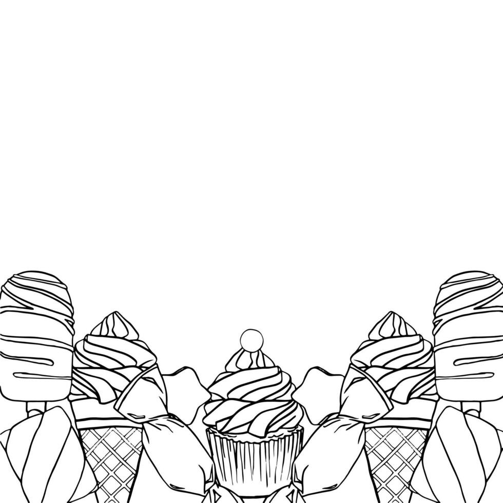 Border sketch illustration of a sweet candies, muffin, ice creams. Confectionery sweets. Hand-drawn. An engraving in vintage style. Drawing for the cafe menu. Eps 10 vector