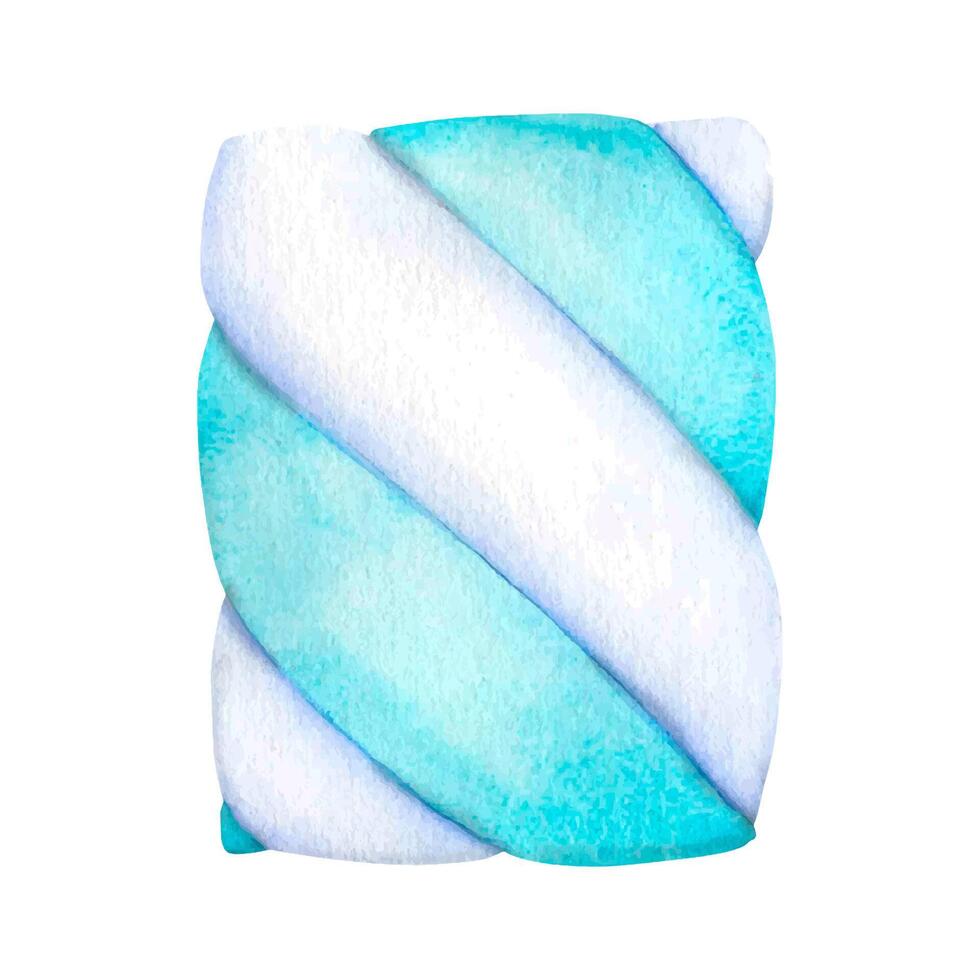 Watercolor illustration pastel color sweet marshmallow twists. Twisted white, blue pastel colored candy, snack with soft gummy texture. Fluffy confection made from sugar vector