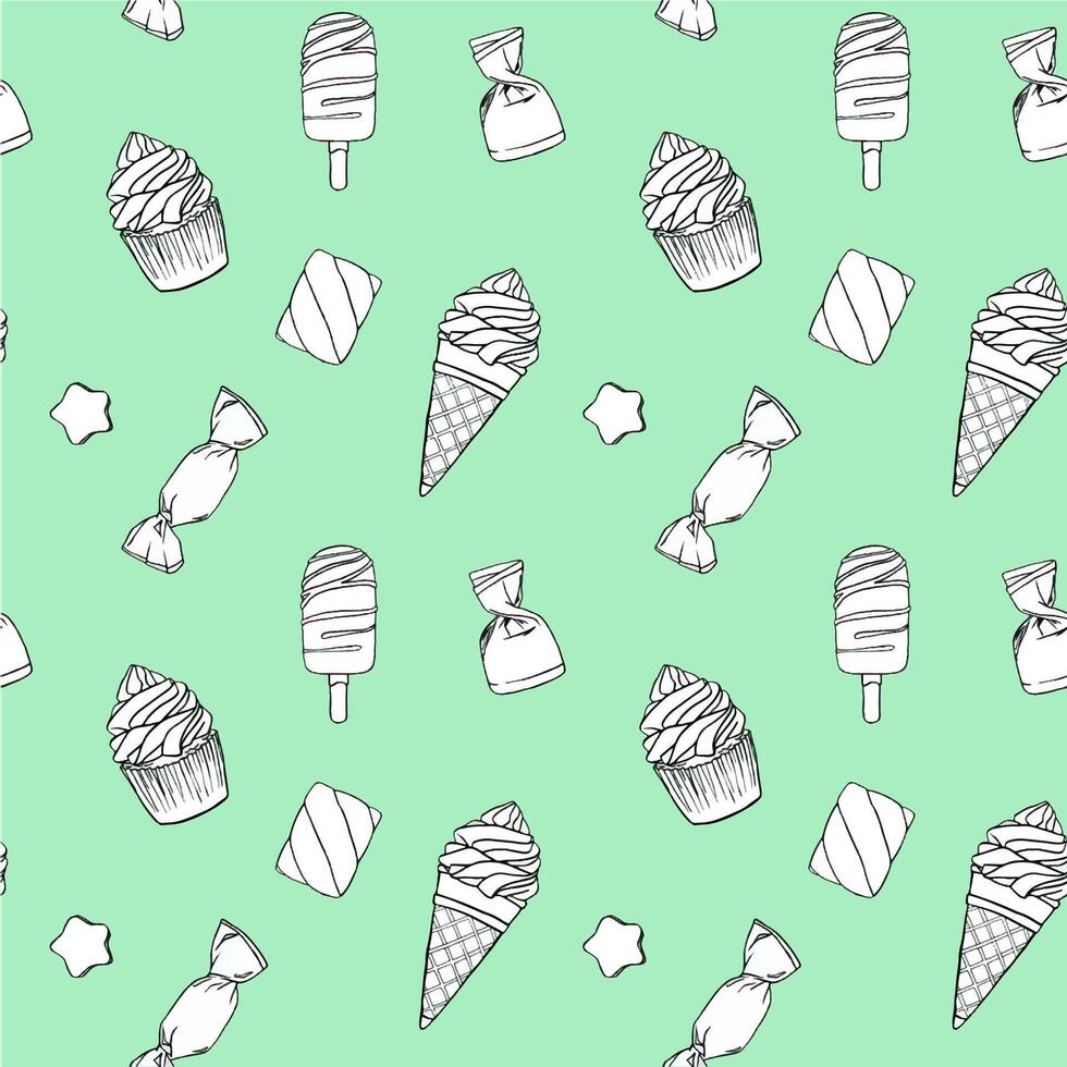 Sweets and candies seamless pattern. Desserts in sketch style. Hand drawn illustration isolated on white background vector