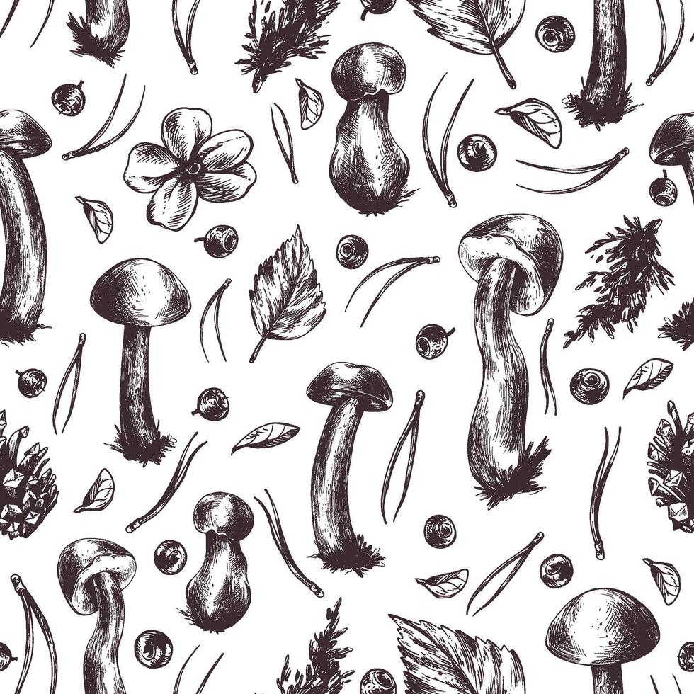 Forest edible boletus mushrooms with blueberries, cones, autumn leaves and twigs. Graphic illustration, hand drawn with brown ink, line art monochrome. Seamless pattern forest, harvest, nature. vector
